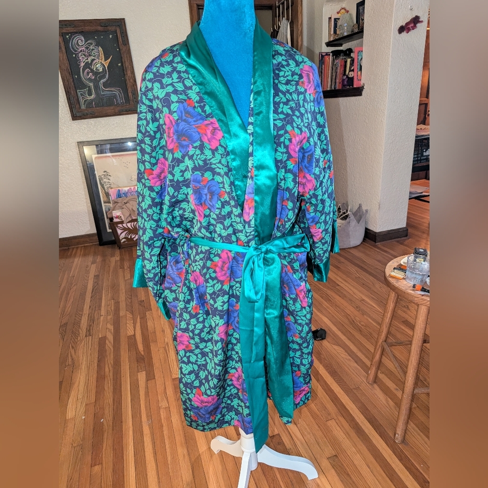 Victoria's Secret Floral Satin Robe with Pink and Green